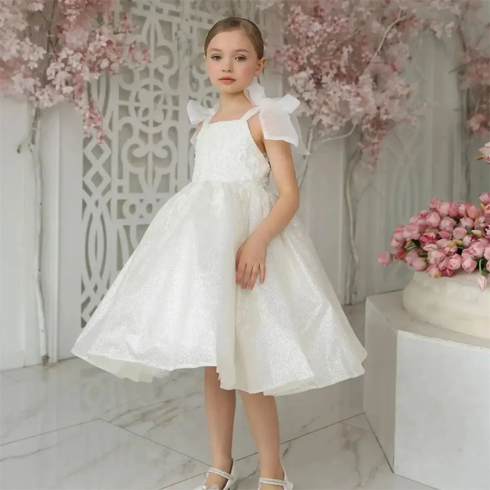 فساتين فتاة الزهور مخصصة لحفلات الزفاف بدون ظهر مع فيونكة لامعة رشيقة للأطفال لحفلات أعياد الميلاد فستان حفلات Quinceanera