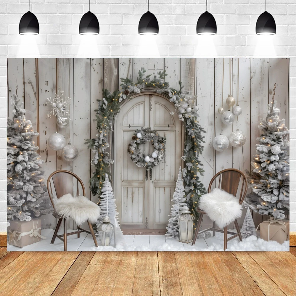 Whiter Christmas Backdrop Photography Indoor Wooden Board Xmas Tree Kids Family Portrait Photographic Background Photo Studio