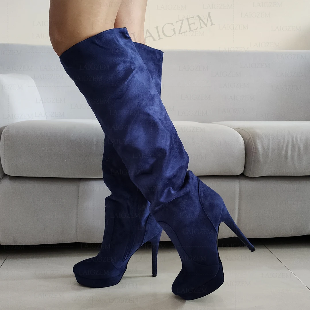 ZHIMA Women Over Knee Boots Pleated Slouch Faux Suede Tall Boots Thin Heel Side Zip Unisex Shoes Woman Big Size 41 43 46 52