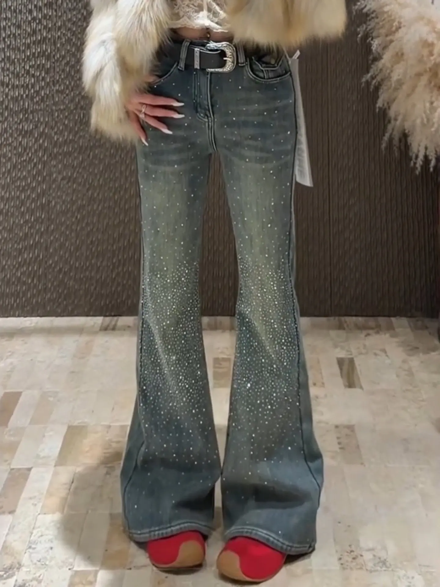 Women's Y2k Flared Jeans Harajuku Vintage Rhinestone Denim Trousers Japanese 2000s Style Jeans Long Pants Clothes