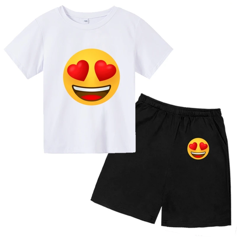 heart eyes Printing Children's T-shirt +Shorts Fashion tee tops Clothing  3-12 Year Boys Girls Round neck funny emoticon Set