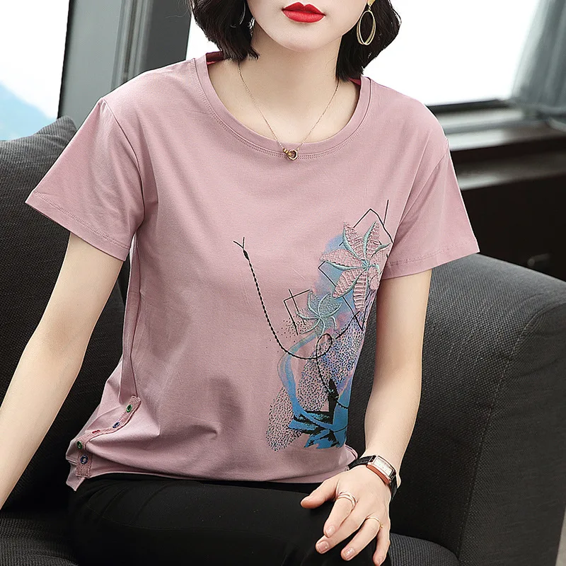 

Summer New Style Women's Pure Cotton Short Sleeve T-shirt Loose Fit Mid-aged Mom's Half Sleeve Small Shirt round Neck Print