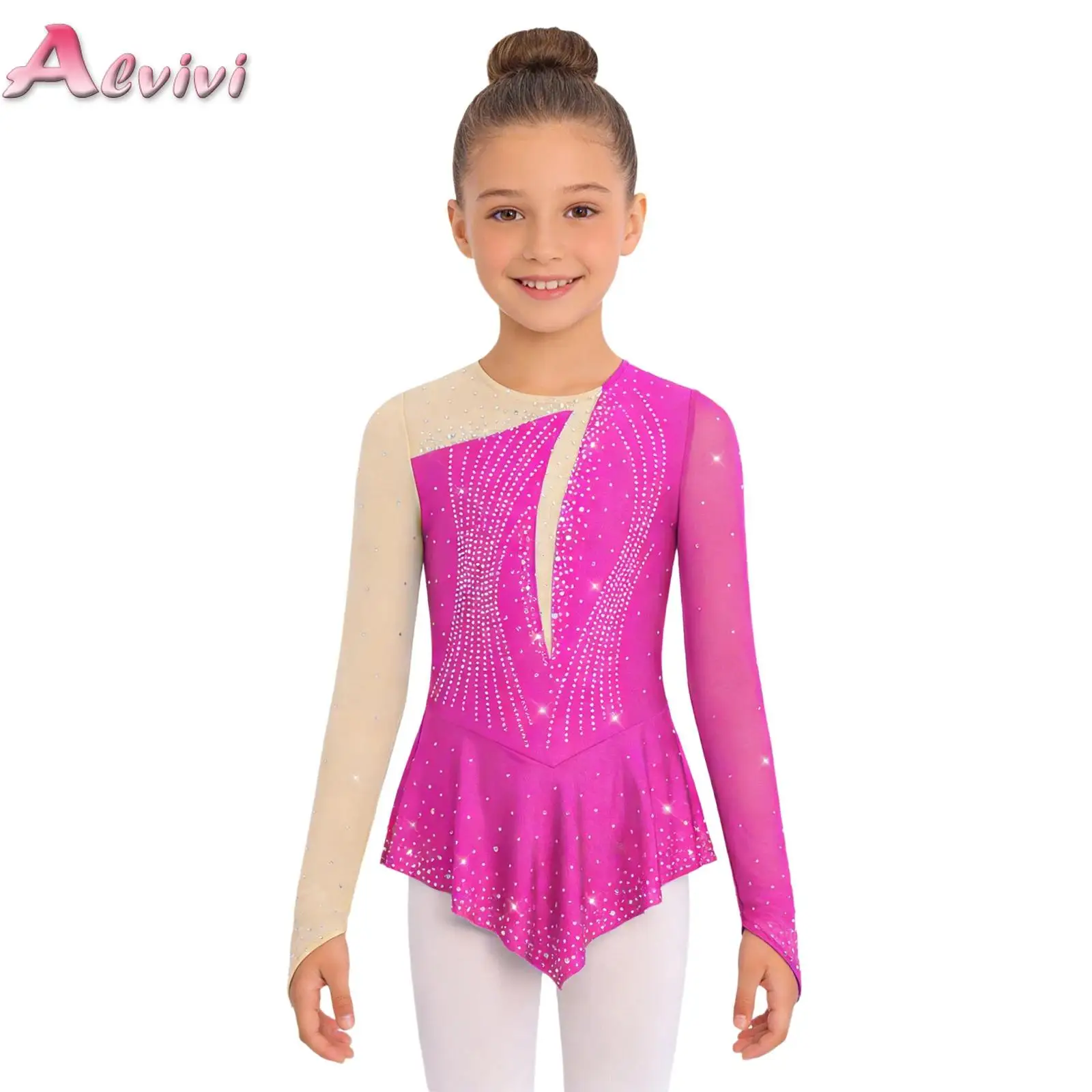 

Kids Girls Figure Skating Dress Dance Jersey Ballet Modern Lyrical Dance Dress Sheer Mesh Long Sleeves Rhinestones Leotard Dress