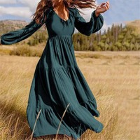 Elegant V-neck High Waisted Ruffle Spliced Long Dress Autumn Streetwear Women's Large Swing Dress Платье Женское 2024 Femme Robe