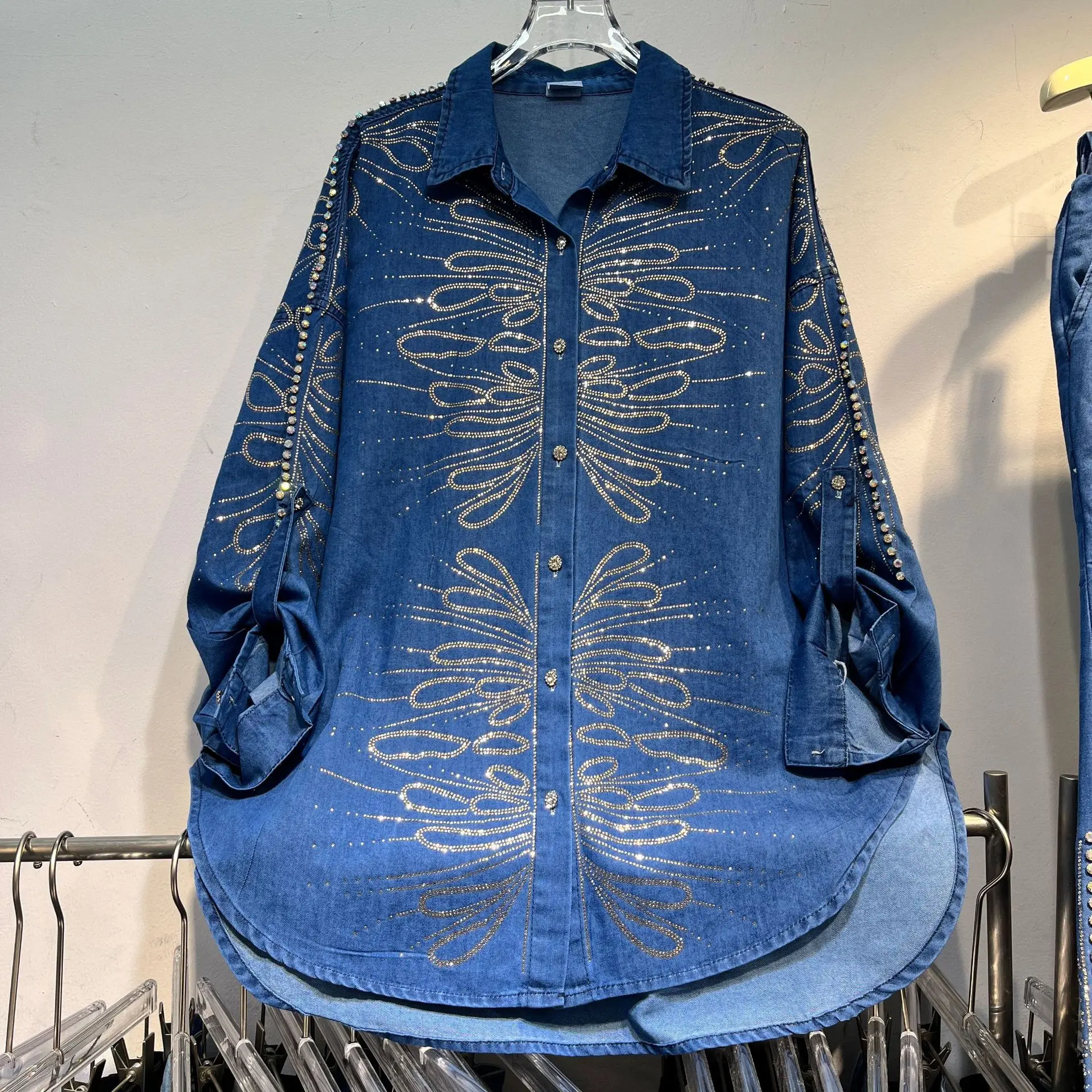 

Fashionable Hot Drilling Women Two-piece Set Spring Autumn Loose Long Sleeve Denim Cardigans Shirt+Elastic Waist Wide Leg Jeans