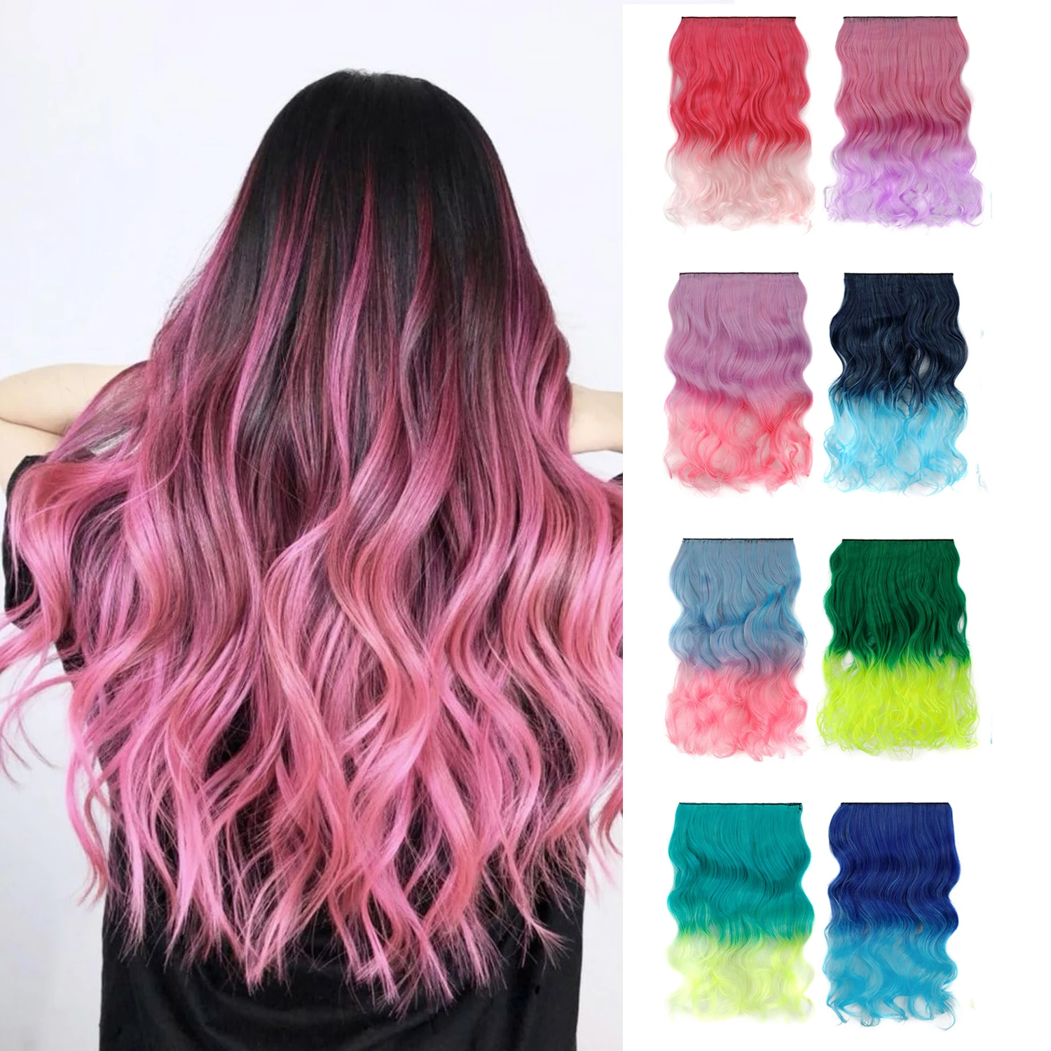 Ombre Color One Piece Clip In Hair Extensions 5 Clips Synthetic Water Wave Long Wavy Gradient Hair Piece For Women Cosplay