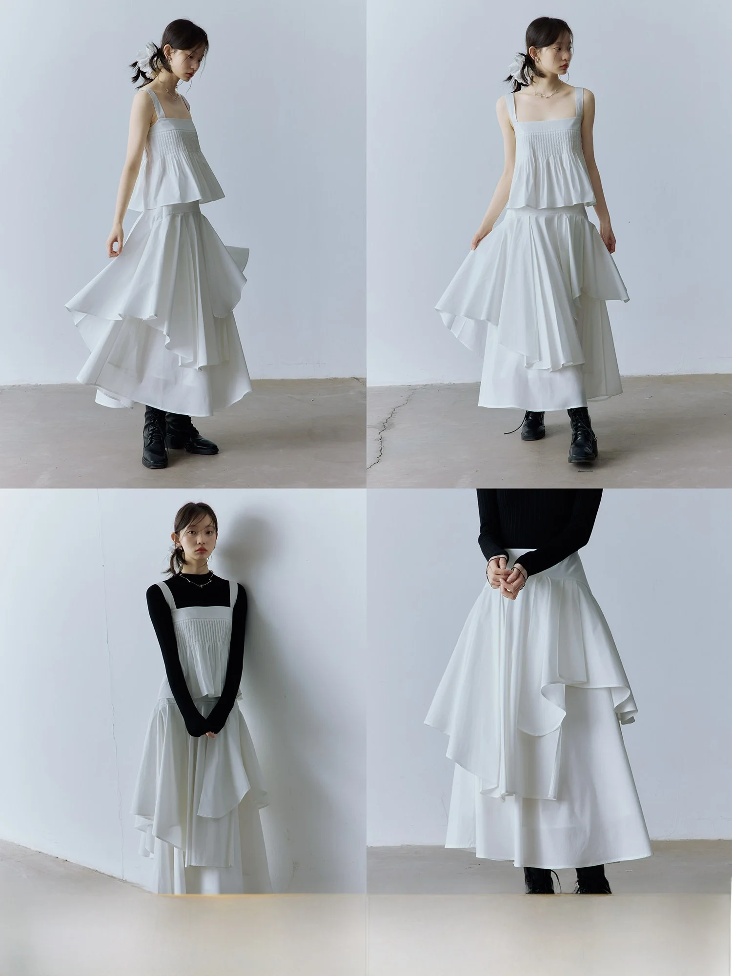 

Коллекция Fussed Spring: Асимметричная многослойная юбка-клеш из хлопка с эффектом мягкого фокуса, белая, с высокой талией