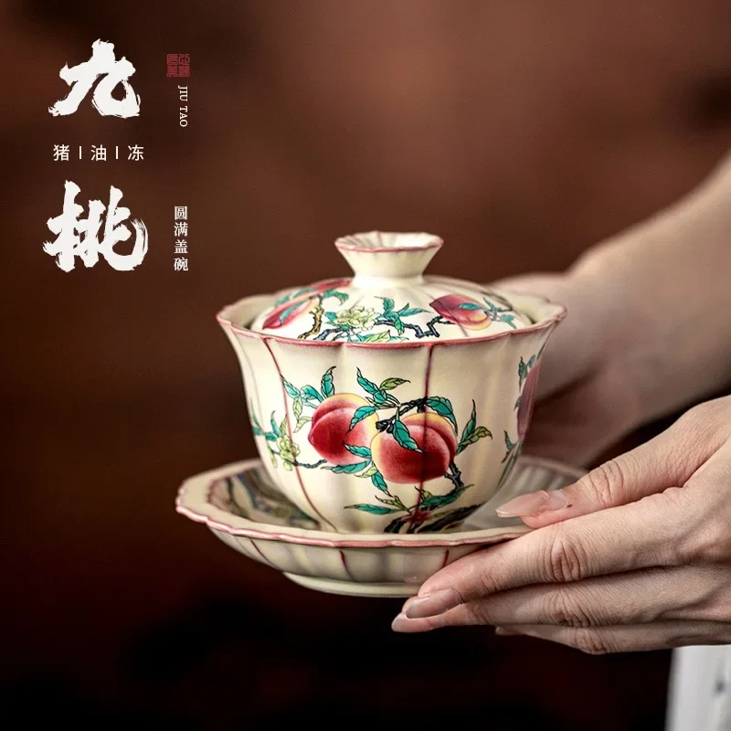 165ML Lard Frozen Ru Kiln Nine Peach Successfully Cover Bowl Opening Film Raising Kung Fu Tea Set Chinese Retro Ceramic Tea Bowl
