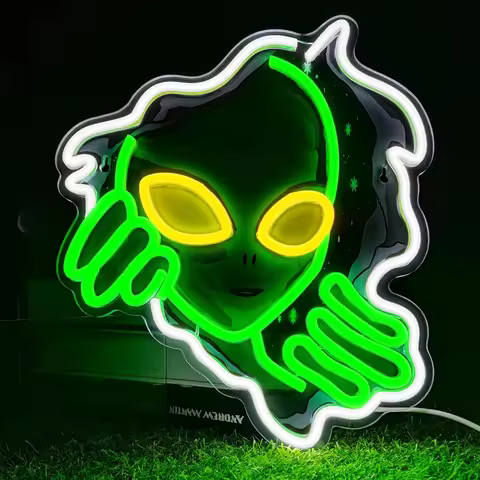 Alien Face Neon Sign Green Glow with Yellow Eyes for Home Bar Gaming Room Decor Sci Fi Wall Art Unique Gift Idea LED Light