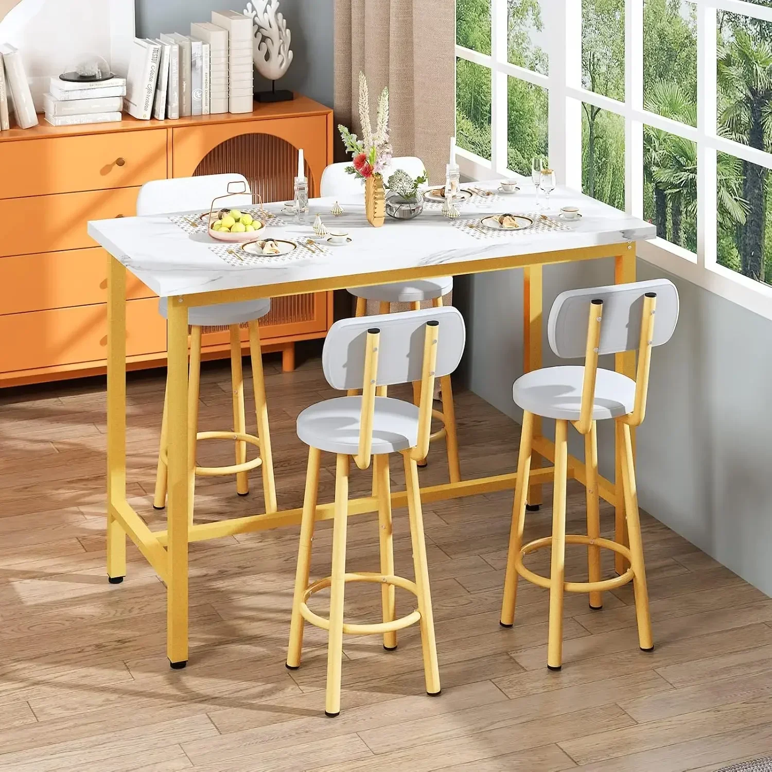 Dining Table Set,43.3” Rectangle Pub Bistro Dining Set Kitchen  Set Bar  with Backrest Stools,5-Piece Breakfast
