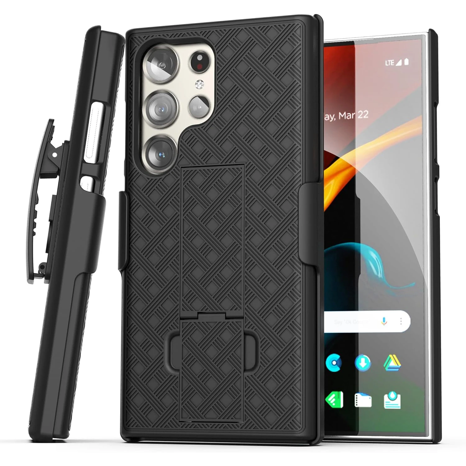 Woven 2 in 1 Hybrid Hard Shell Holster Combo Case With Kickstand & Belt Clip For Samsung Galaxy S24 Ultra 5G 6.8 Inch 2024