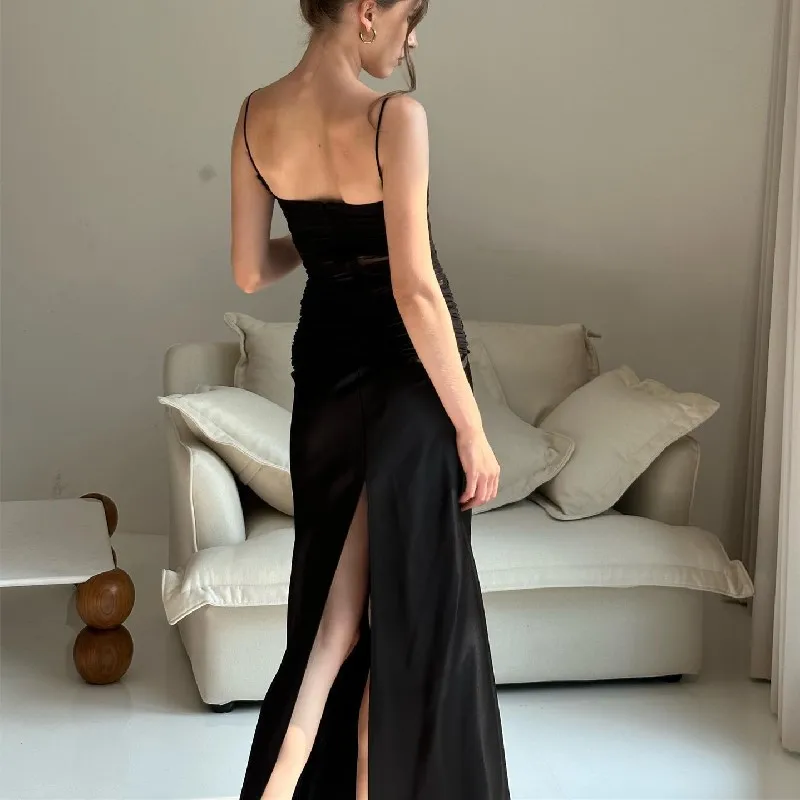 WhereMery エレガントな女性の背中の開いたマキシドレスセクシーなメッシュシャーリングノースリーブスプリットサスペンダードレスイブニングパーティークラブロング Vestidos