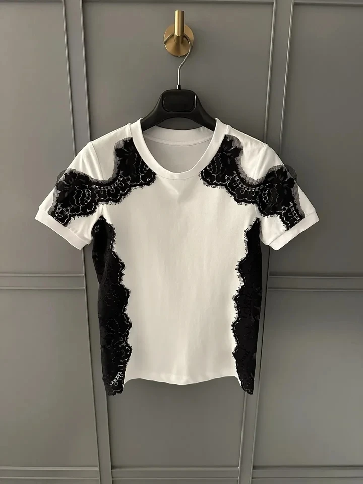 2024 Spring/Summer New Black and White Block Rose Lace Spliced Round Neck Short Sleeve T-shirt woman top