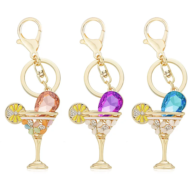 Exquisite ElegantWine Glass Cup Lemon Goblet Key Ring Chains Holder Crystal Bag Buckle Pendant For Car Keyrings KeyChains K305