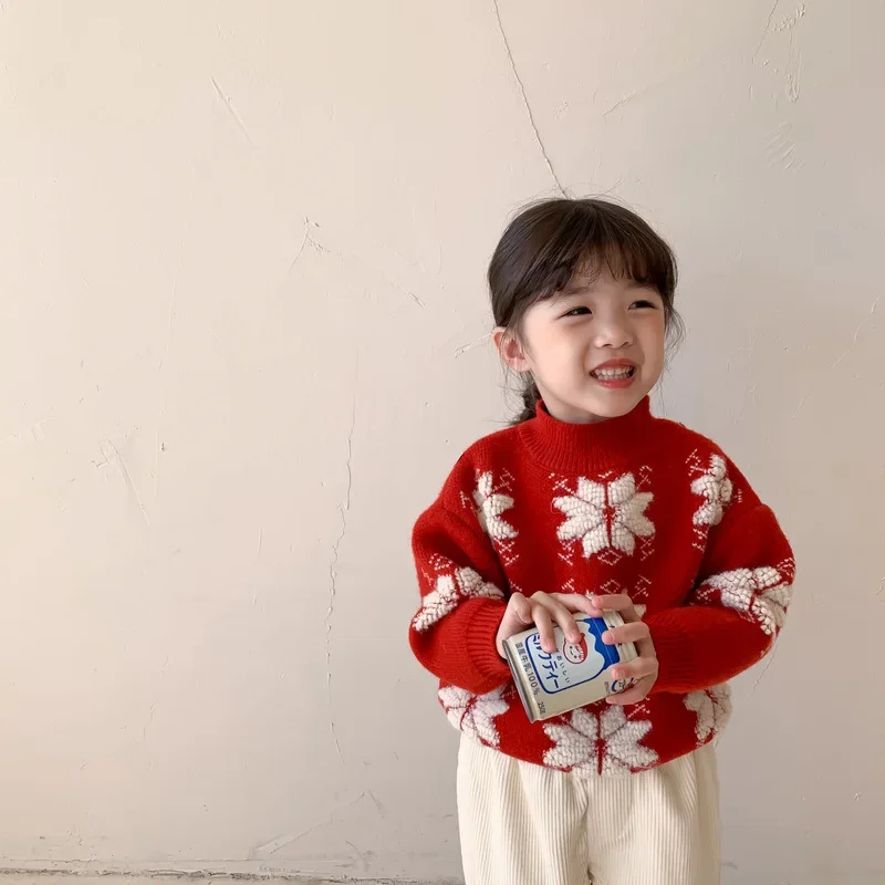 Winter 2024 Korean Toddler Girl Sweater Cotton Fleece Leave Print Baby Girl Christmas Sweater Casual Red Young Kid Girl Pullover