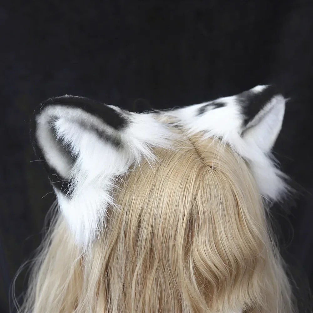 Simulation Snow Leopard Ear Headband with Matching Tail, Handmade Furry Hair Ornament, Halloween Party Cosplay Costume Accessory