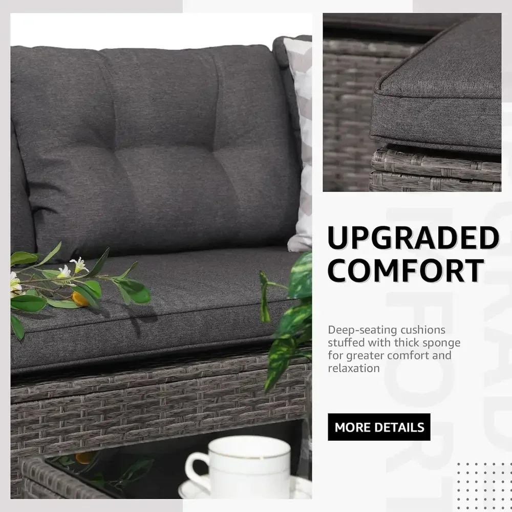 All-Weather Outdoor Sectional Sofa Set with Wicker Loveseat and Glass Coffee Table in Gradient Grey Rattan with Grey Cushions