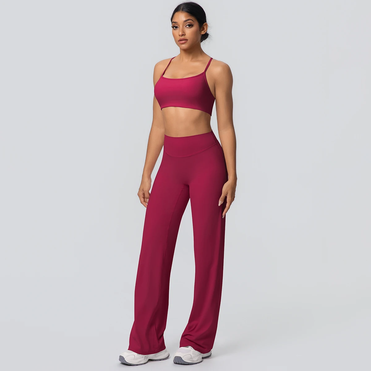 Frauen Gym Sport Yoga Anzug Sexy Schöne Zurück Yoga Unterwäsche Mit Brust Pad Einfarbig Hohe Taille Breite Bein Hosen Yoga Set – Detail 40