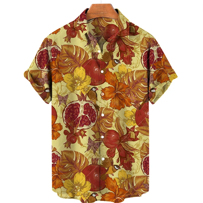 Men's Fruit Pattern Original Oversized Casual Floral Hawaiian Short Sleeve Shirts Load Stone Clothing Elegant Harajuku Summer