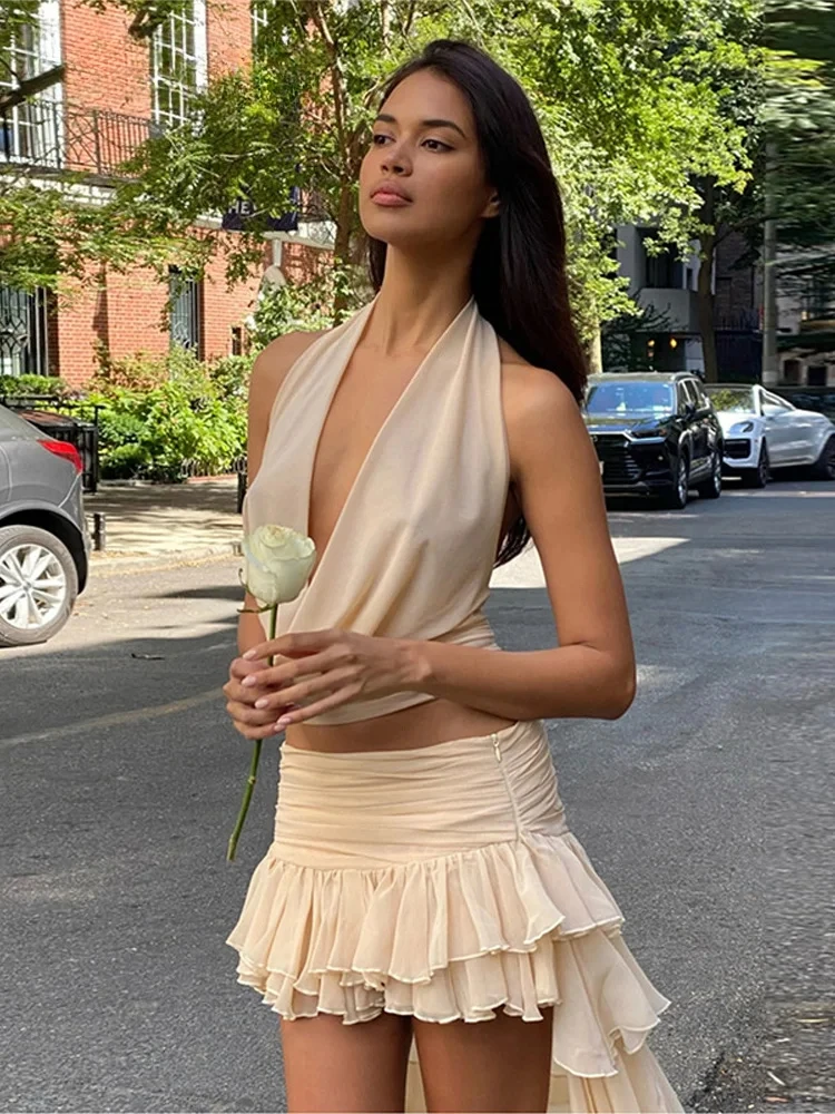 

Sexy Hang Neck Vest Ruffles Skirt Sets Women Halter Backless Sleeveless Top Mesh Long Skirts Summer Lady Vacation Outfits