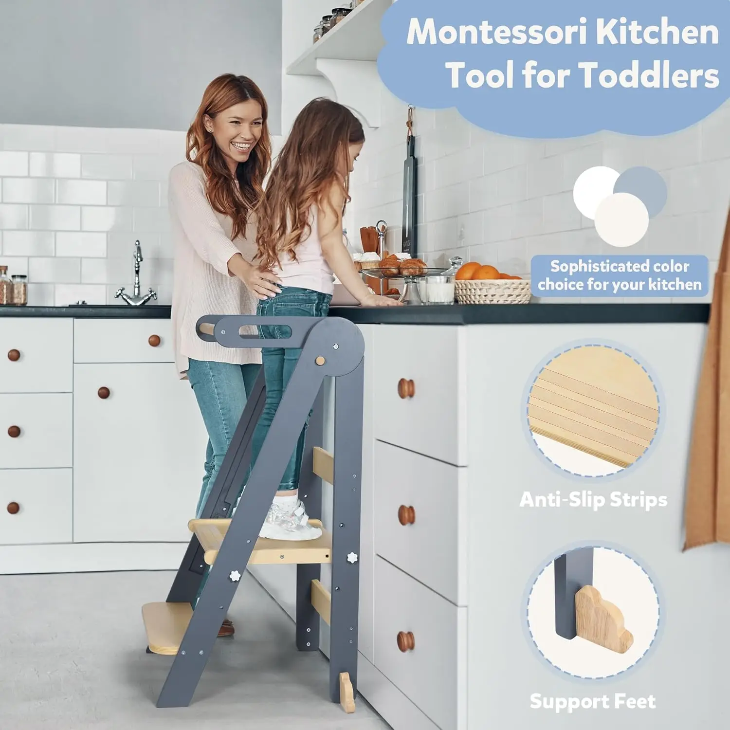 Taburete de cocina con gancho, ayudante de aprendizaje Montessori plegable de madera preensamblado para niños, torre de pie para niños pequeños con 3 A