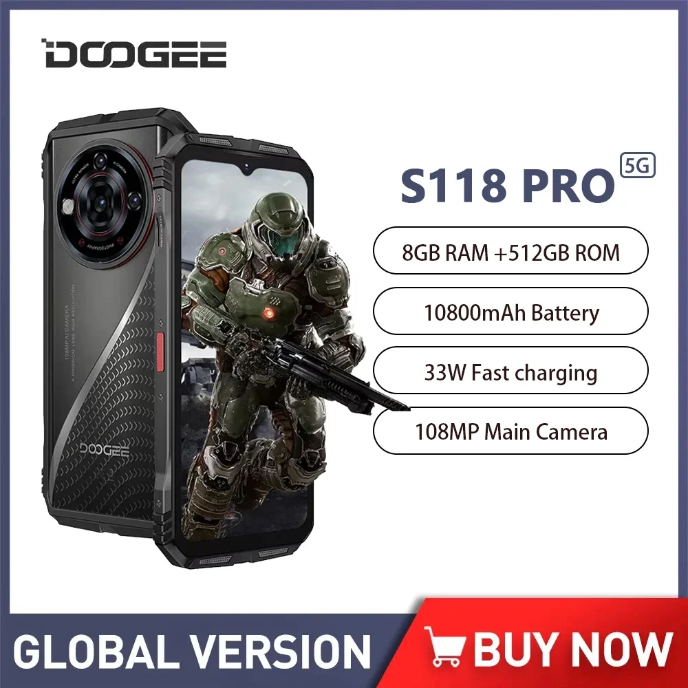 DOOGEE S118 Pro 5G Rugged Smartphone Android 14 10800mAh Battery 8GB RAM 512GB ROM Mobile Phone 6.6'' FHD 120Hz Cellphone NFC