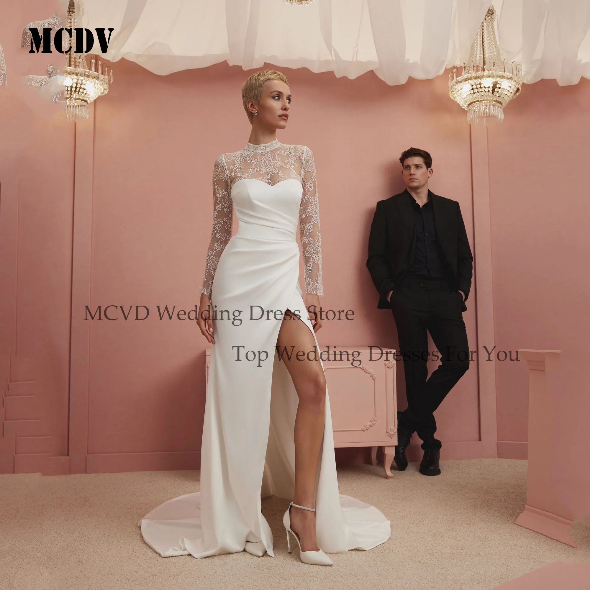 

MCDV Vintage Mermaid Wedding Dress Full Sleeve Satin Button Back Vestidos De Novia Side Split Elegant Bride Gowns Customized