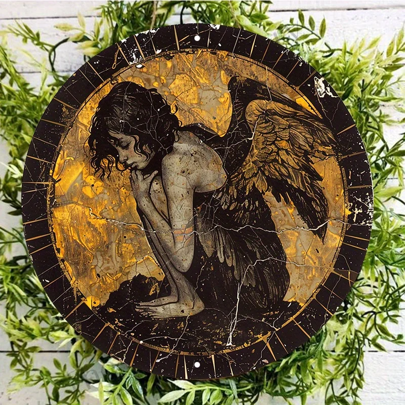 Waterproof Aluminum Metal Angel Inlay Wall Sign, Round Decorative Door Hanger, Weather Resistant Art, High Quality, 8x8Inch, 1Pc