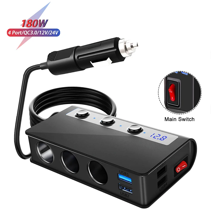 12-24V Car Cigarette Lighter 3 Sockets Splitter Adapter 180W Auto 3/4 USB QC3.0 Power Socket With ON/OFF LED Voltage Car Charger