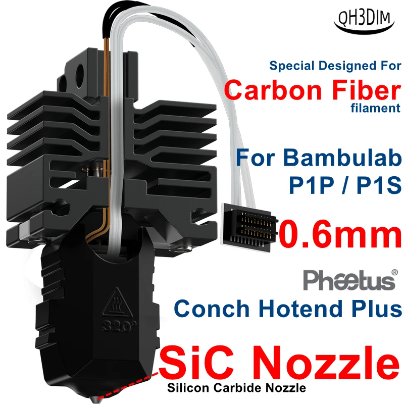 0.6mm Phaetus Conch Hotend Plus For BambuLab P1P P1S 3D Printer 0.6mm SiC Nozzle EndCoat Heatbreak against Carbon Fiber filament