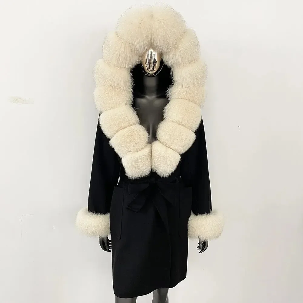 Women Real Fox Fur Coat Female Long Hooded Cashmere Jacket Warm Natural Fur Woolen Jacket Lady Wool Coat 2024 New Autumn Winter