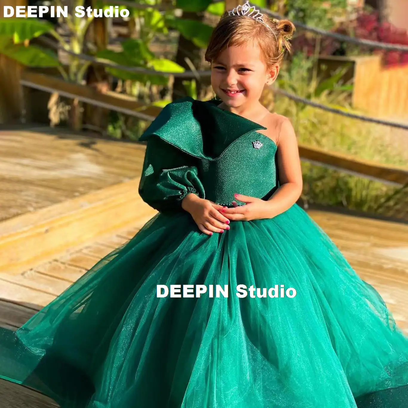 Luxury Advanced Customization Girls Ball party Dress Green Party Dress Tiered Tulle Sleeves Puffy Flower Girl Dress For Weddings