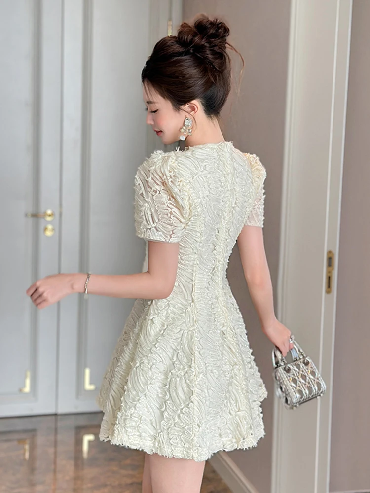 Women Clothes Evening White Lace Sequin Pearl O-Neck Slim A-Line Mini Short Dress Elegant Luxury Lady Fashion Party Prom Vestido