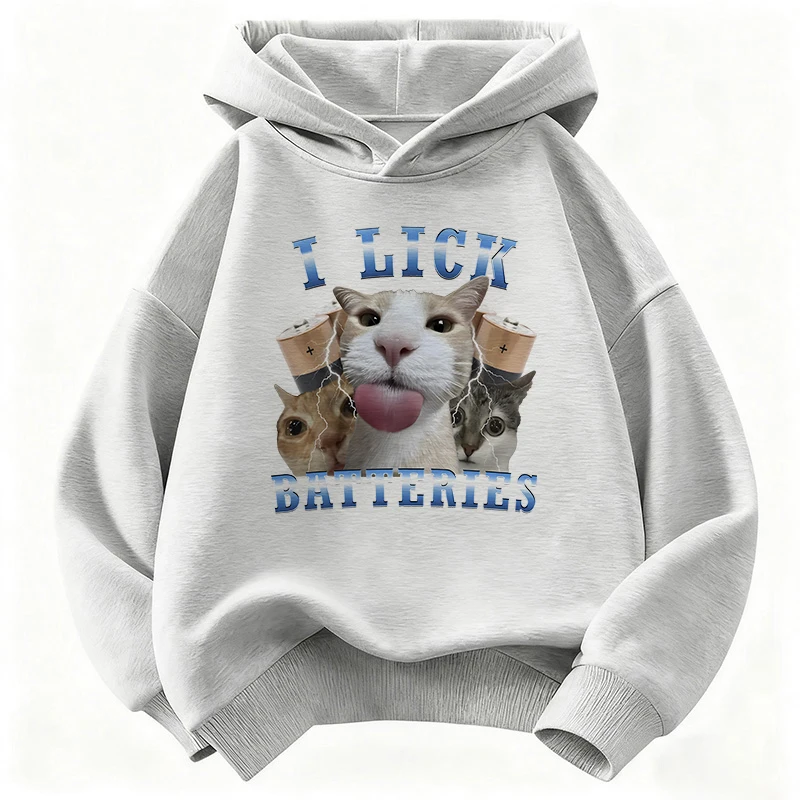 Funny I Lick Batteries Cat Print Hoodie Kids Children's Sweatshirt Cute Harajuku Hoody Boys Girls Autumn Spring Casual Hoodies