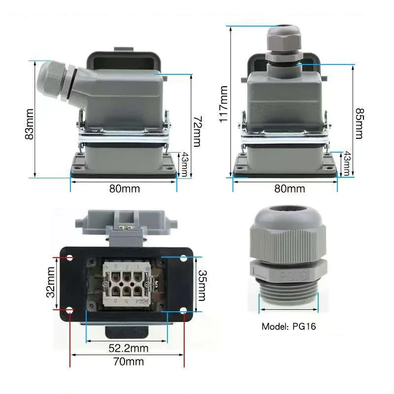 HDC-HE-006 rectangular heavy duty connector 6 core pins aviation Industrial automation control cabinet plug socket 10A 250V