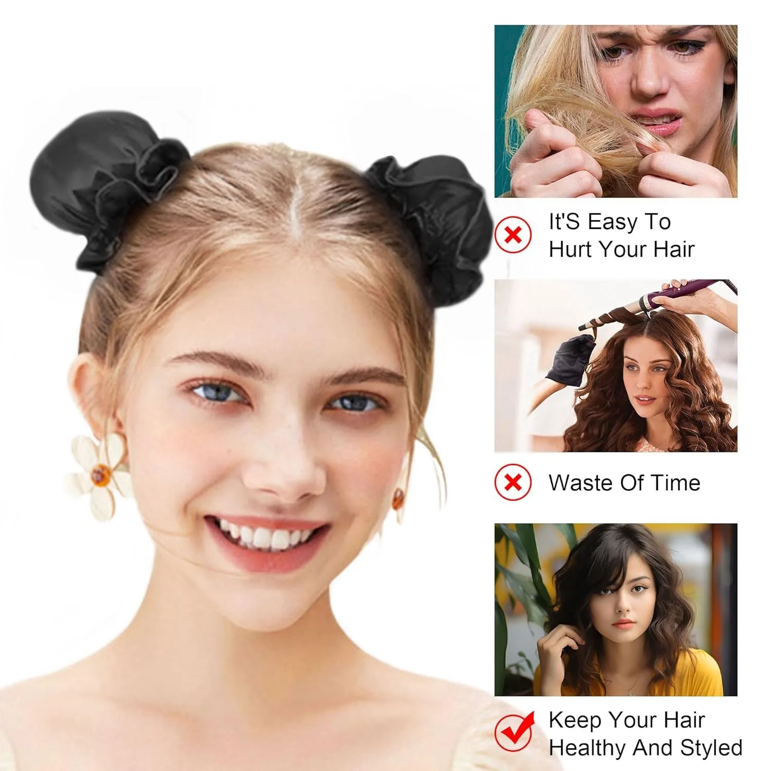 2pc Satin Heatless Curling Rod with Hair Caps, Soft Overnight Curling Rod Headband for Long Hair, DIY Hairstyling Tools
