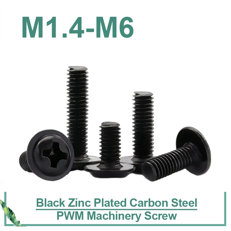 100pcs/lot PWM Black Pan Head Screws with Washer Fixed Motherboard Screws With Pad DIN967 M1.4 M2 M2.5 M3 M 3.5 M4 M5 M6