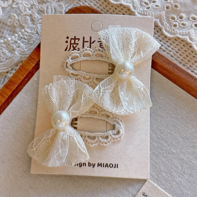 Minimalist Beige Hair Barrettes Korean BB Clip with Lace Pearl Accents Elegant Aesthetic Hair Clips for Women Girls image 2
