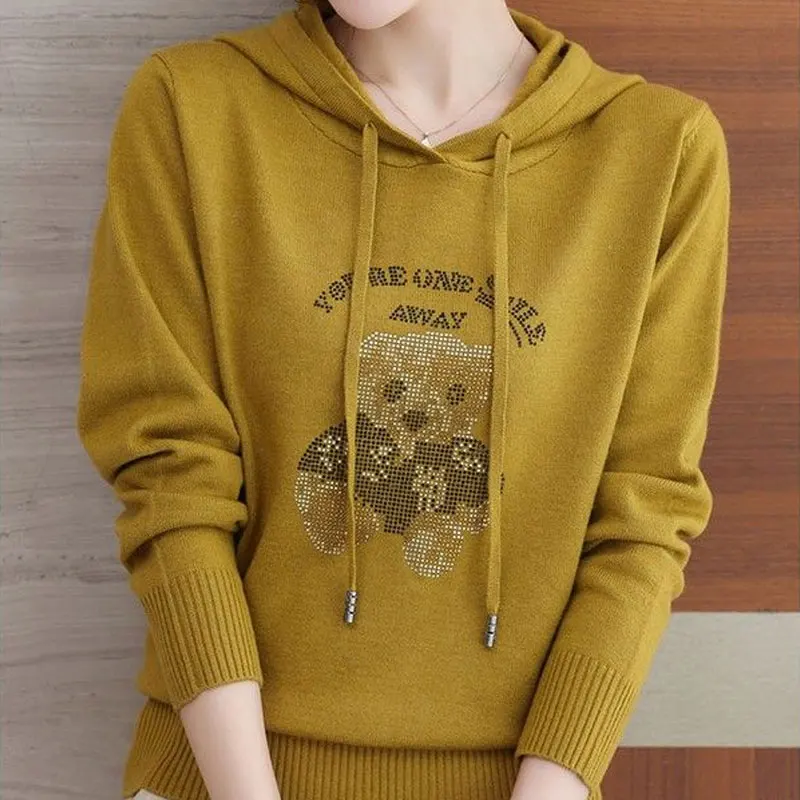 

Fashion Cartoon Diamonds Knitted Jumpers Casual Hooded Women's Clothing 2023 Spring Autumn Korean Drawstring All-match Sweaters