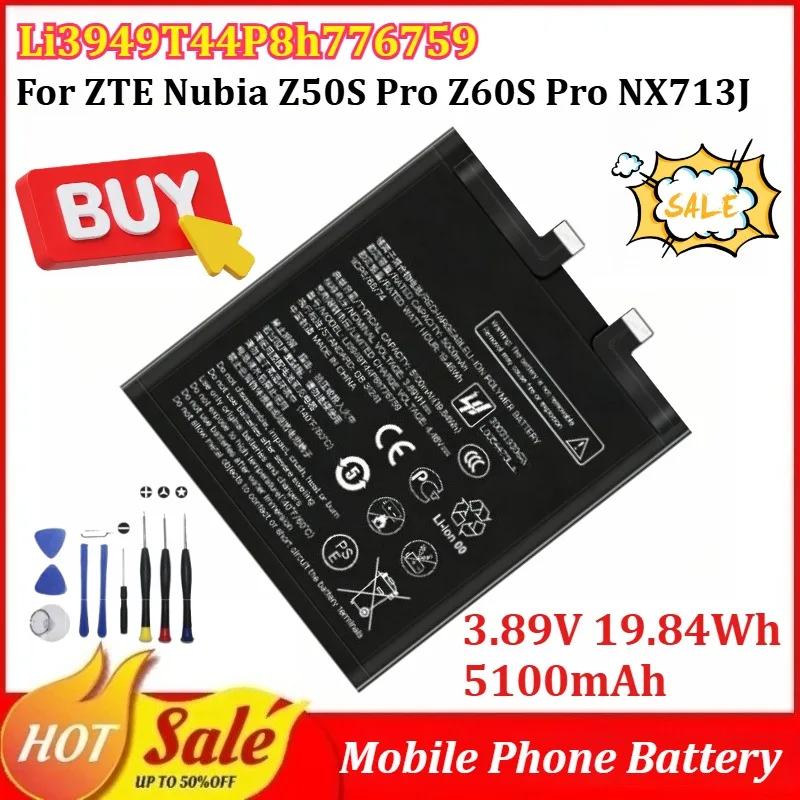 

New Li3949T44P8h776759 3.89V 19.84Wh 5100mAh Mobile Phone Battery for ZTE Nubia Z50S Pro Z60S Pro NX713J With Tools