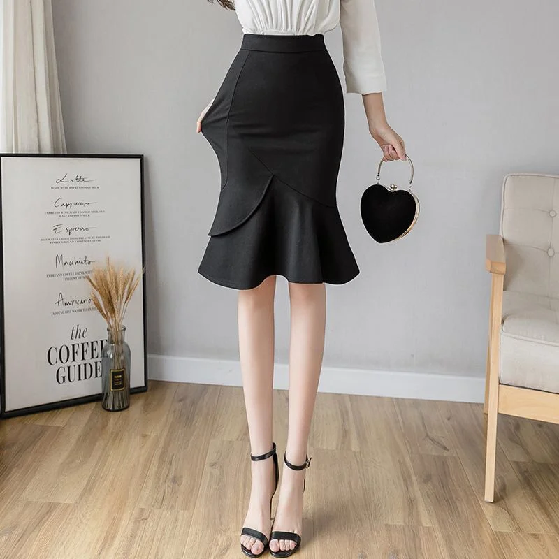 

Oversized 3XL Black High Waist Trumpet Skirt for Women Elegant Ruffles Mermaid Skirts Red Faldas Mujer Office Lady Streetwear