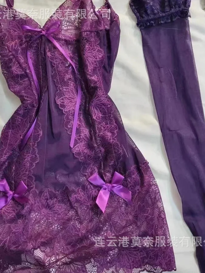 Sexy nouvelle dentelle chemise de nuit été Sexy jarretelle chemise de nuit robe élégante violet doux col en V réservoir Mini robe douce mode 6LIL