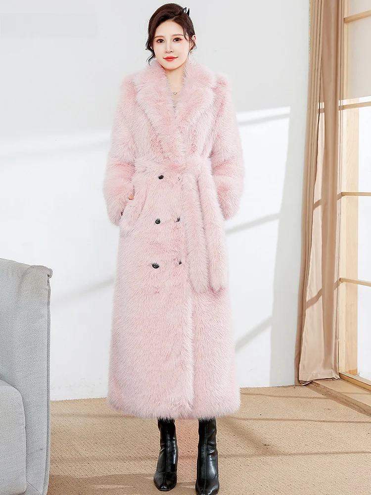 

Nerazzurri Pink Fur Coat Women's Long Double-Breasted Belted Back Split Eco-Friendly Fur Coat Korean Style Commute Wind