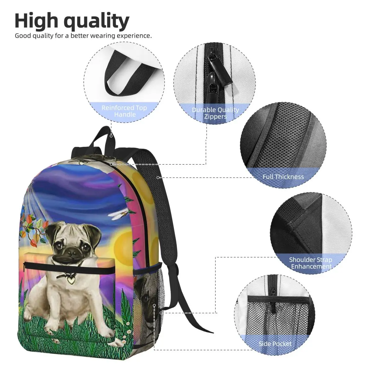Twilight With A Pug Backpack Daypack Large Capacity Kids BookBag School Bag Shoulder Bags for Men Women