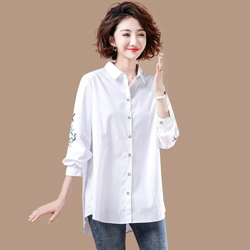 Vintage Embroidery White Simple Cotton Button Up Shirt Comfortable Casual Long Sleeve Loose Tops Blouses for Women Clothing 2024