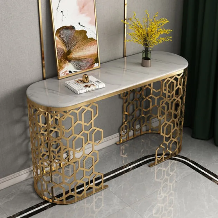 

！@Luxury Golden Metal Entryway Marble Hallway Console Table Living Room High-end Side Tables Furniture