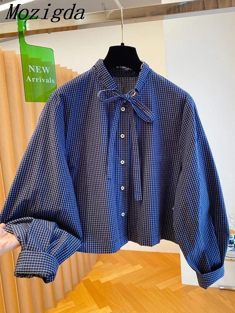

Autumn Winter Women Bow Blouses Long Sleeve Plaid Cotton Womens Tops Navy Blue Blouses Fashion Shirt Blusas Roupa Feminina