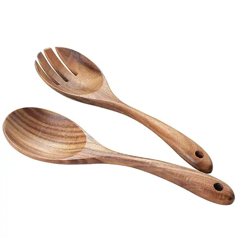 2-Piece Acacia Salad Servers Set, Wood Salad Spoon & Fork Set - Kitchen Tools
