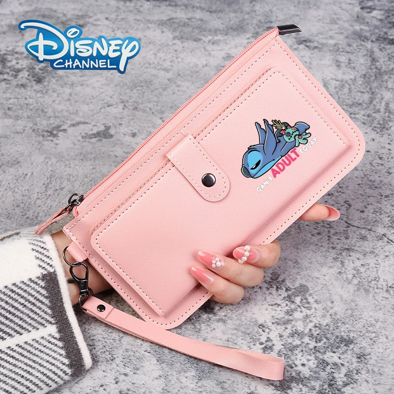 Disney Stitch Pochette lunga in vera pelle Porta carte Porta carte Multifunzione Portafoglio portatile con tasca per telefono di grande capacità