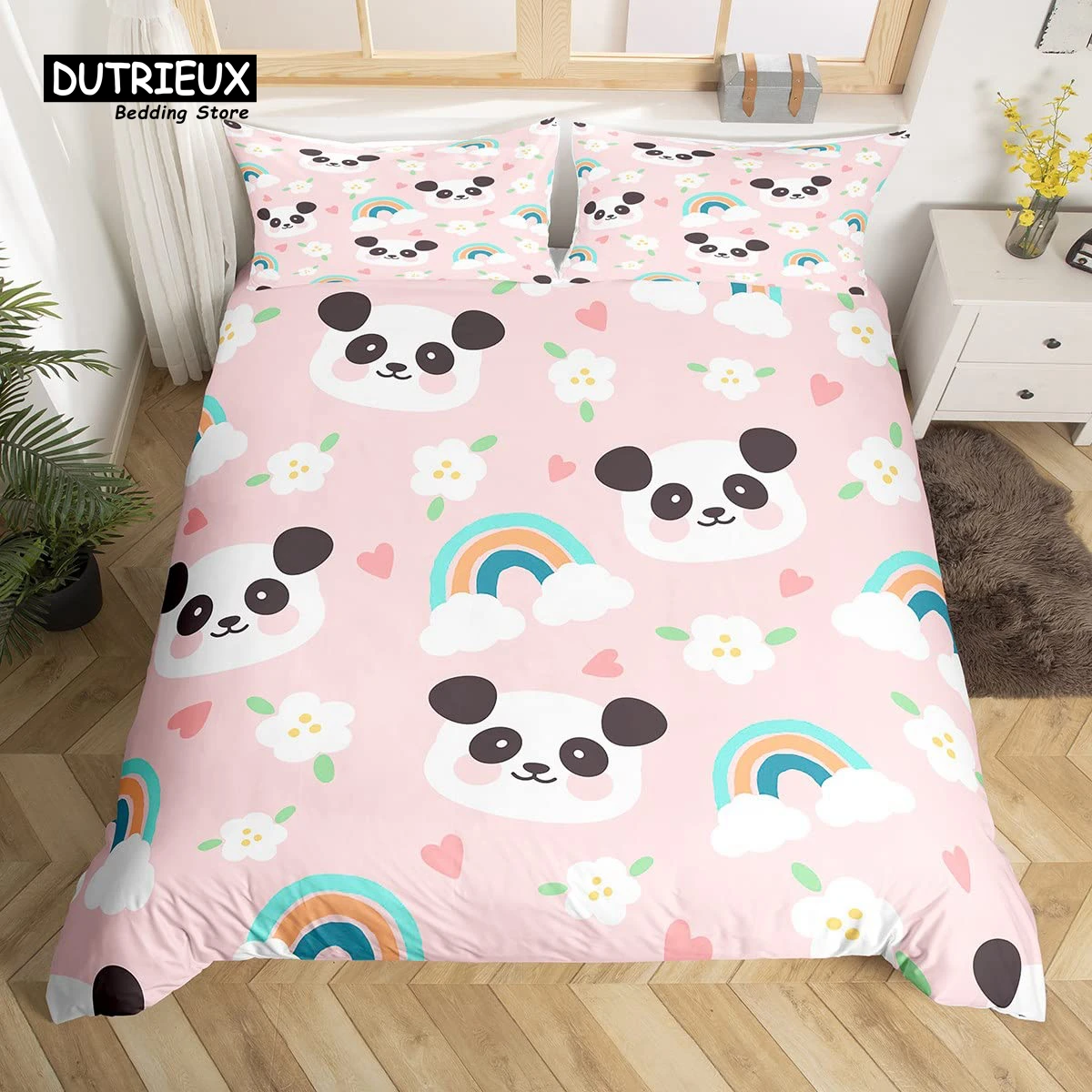 Cute Panda Duvet Cover Set Kawaii Rainbow Cartoon Animals Bedding Set Full Microfiber White Flowers Pink Heart Comforter Cover